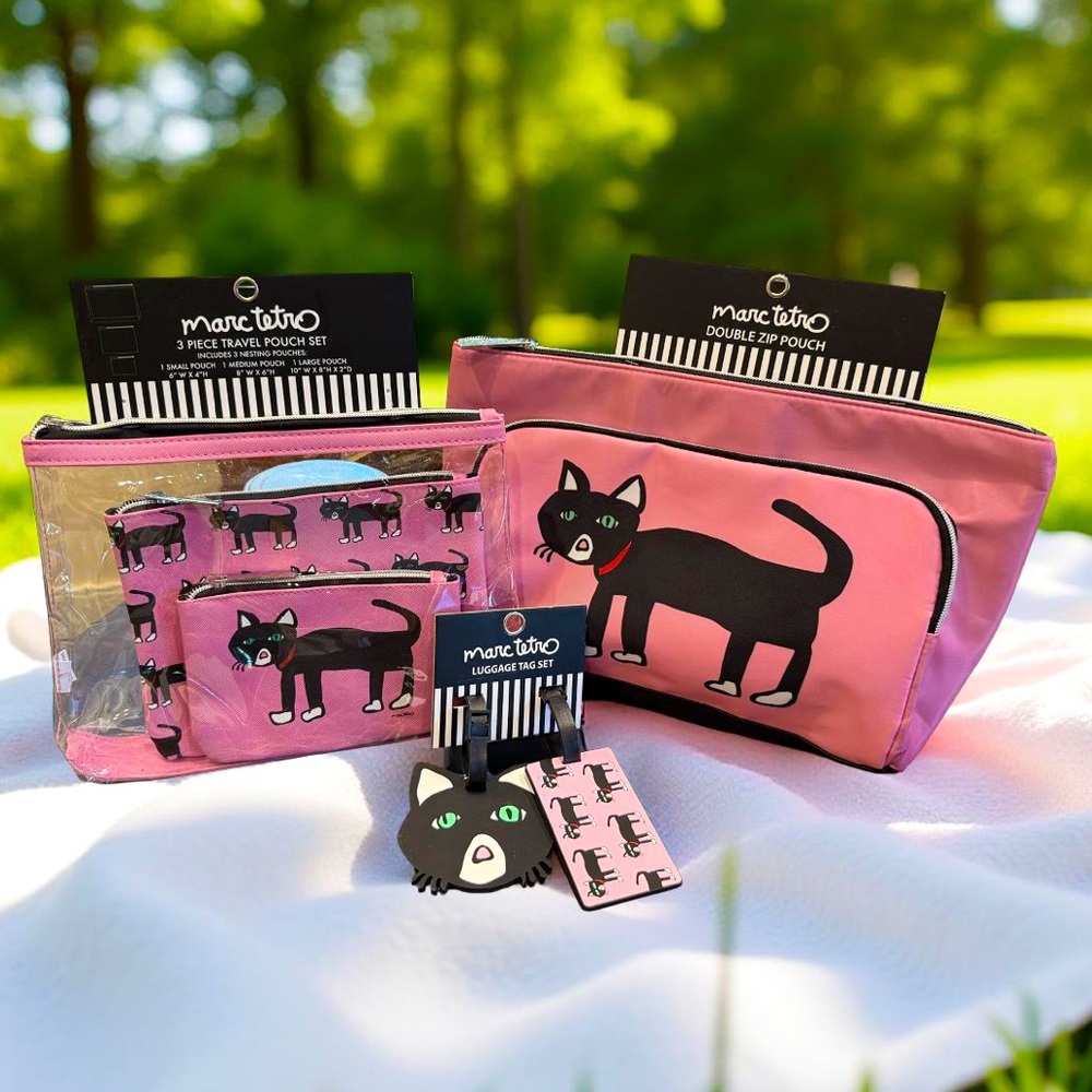 Marc Tetro NWT 3 Piece Pink Black Cat Travel Pouch Set & Luggage Tags (P193)